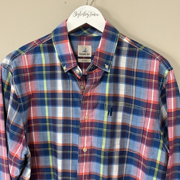 Johnnie O Ethan Hangin Out Button Front Plaid Cotton Shirt Wake Blue Size M - Picture 3 of 12
